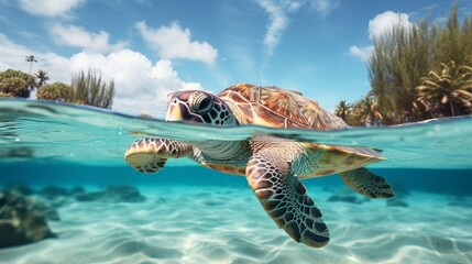 A large sea turtle is scuba diving in the sea on a tropical island in the maldives.