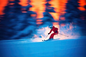skieur qui descend une piste de ski à grande vitesse - obrazy, fototapety, plakaty