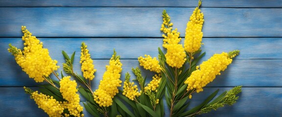 Blue banner with mimosa branch for spring holidays