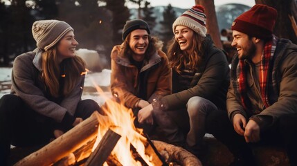 A group of happy young people gathered around a campfire, embodying friendship and fun during a camping adventure in the snowy desert
