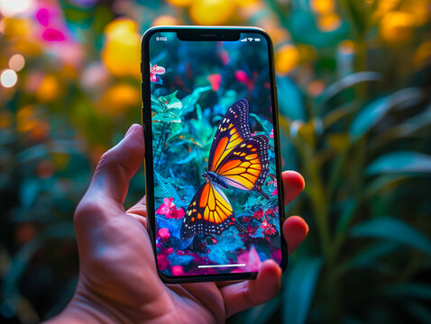 Zbliżenie na telefon kom&oacute;rkowy trzymany przez osobę robiącą zdjęcie macro motyla.