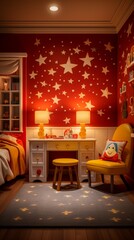 A delightful children's bedroom featuring a 3D intricate pattern in candy apple red on the study desk, bright yellow chair cushions, a magic wizard theme, and a wand-shaped nightlight