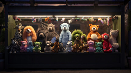 A prize booth displaying an array of stuffed animals and toys.