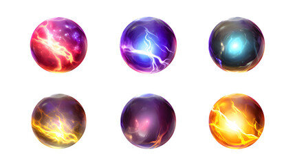 Lightning spheres emit a mystical spark and glow. A vibrant cartoon set showcases glowing orbs with diverse electric effects isolated on a transparent background. Generative AI.