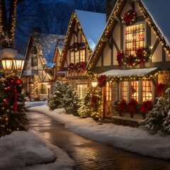 Beautiful christmas village in winter with snow and christmas lights