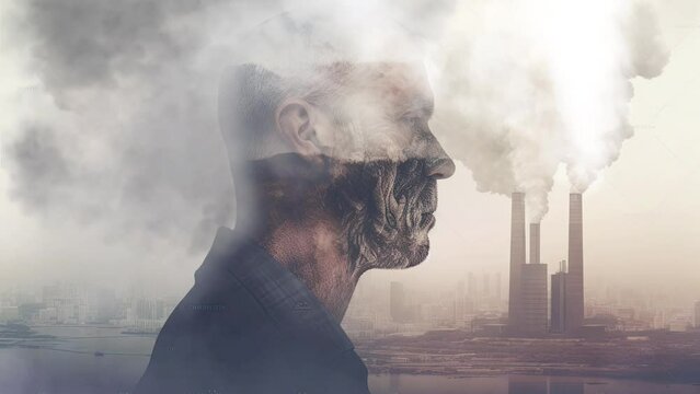 double exposure of man with dirty factory, earth pollution concept, ai generative