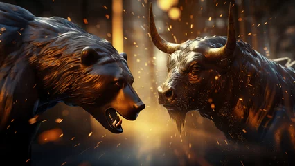 Foto op Canvas Illustration of bull and bear fighting - stock or crypto market concept. High quality photo © zamuruev