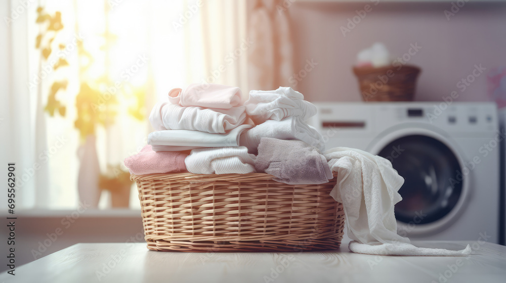 Wall mural Laundry clothes stacked in a wicker basket in the bathroom next to the washing machine