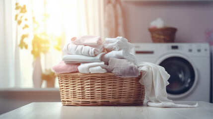 Laundry clothes stacked in a wicker basket in the bathroom next to the washing machine