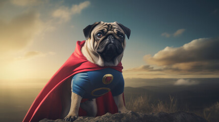 A pug dressed as a superhero complete with a cape. - obrazy, fototapety, plakaty