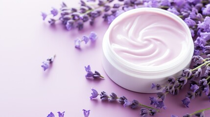 A close up of a jar with cream and lavender flowers, AI