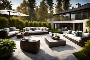 An upscale suburban residence with a stylish outdoor lounge area, perfect for enjoying the fresh air and tranquility.