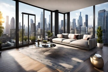 A luxury penthouse with a rooftop garden and a glass railing, providing a stunning view of the city skyline.