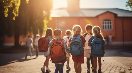 A group of young children walk together in front of the classroom, united in friendship, embodying the concept of back to school on the first day of school in the fall - Powered by Adobe