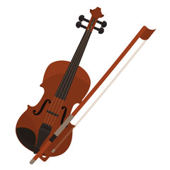 Fototapeta na wymiar Bowed musical instrument Viola. Dark wooden violin with bow. Orchestral instrument. Flat drawing style. Isolated on white background.
