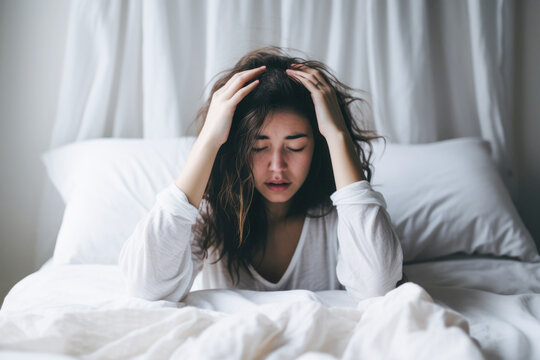 emotional toll of insomnia, featuring a beautiful young woman in pajamas, lying on a bed with a troubled expression, symbolizing the mental health challenges associated with sleeplessness.