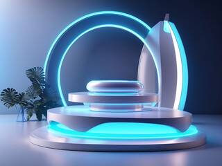 Beautiful modern futuristic podium with neon blue lighting for product presentation 3d rendering