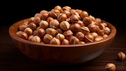 A high-definition photograph highlighting a bowl of freshly shelled hazelnuts, emphasizing their rich, earthy flavor and the smooth appearance of the nutmeat.