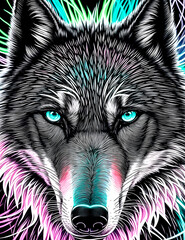 Portrait of a wolf. Neon colors, cartoon.