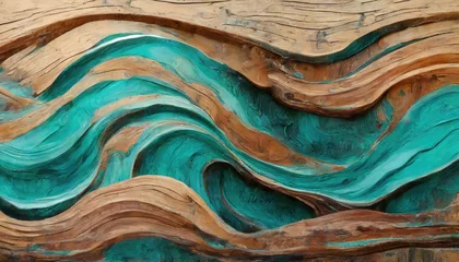Foto op Aluminium Abstract art of layered wood with natural brown and vibrant turquoise patterns, resembling topographical lines or flowing water. © Red Lemon