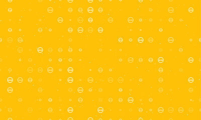 Seamless background pattern of evenly spaced white no overtaking signs of different sizes and opacity. Vector illustration on amber background with stars