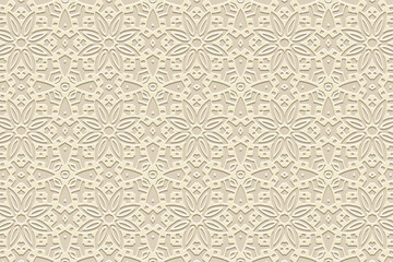 Embossed light background, vintage cover design. Handmade, boho, decorative patterns, arabesques. Geometric ethnic 3D pattern. Tribal traditions of the East, Asia, India, Mexico, Aztec, Peru.
