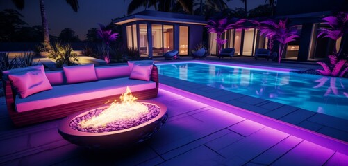 A backyard pool with electric violet and lime green 3D patterns, beside a stylish fire lounge, in