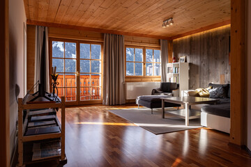 Hotel room made of natural materials, mountain view, eco-friendly holiday concept, Austria