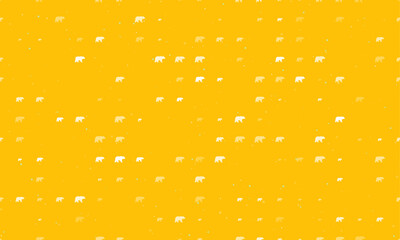 Seamless background pattern of evenly spaced white bear symbols of different sizes and opacity. Vector illustration on amber background with stars