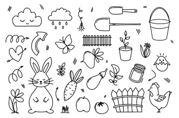 Farm Day Animals Doodle Icons Hand Made. Vector Sketch Illustration.
Set of Gardener Tools in Doodle Style