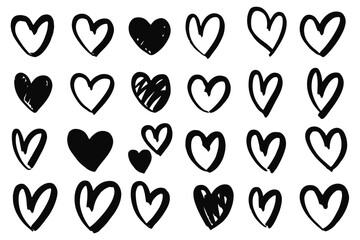 Collection set of hand drawn scribble hearts isolated on white background. Vector set of hand drawn hearts on a white background. Heart Icons Set, hand drawn icons and illustrations for valentines.