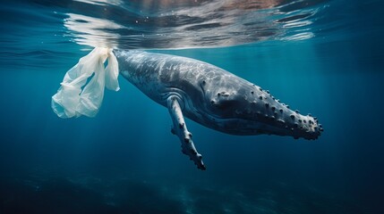 Whales are being encouraged to swim with plastic bags floating as part of an ocean pollution...