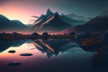 mountain range with light reflecting over water,