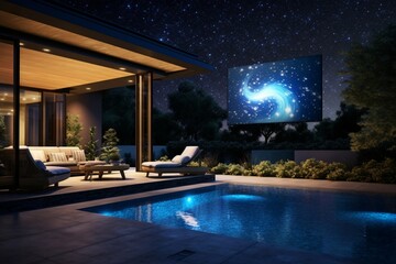 Obraz na płótnie Canvas A contemporary backyard with a pool and an overhanging digital sky screen, displaying a night sky with shooting stars creating 3D intricate, cosmic patterns, starry serenade