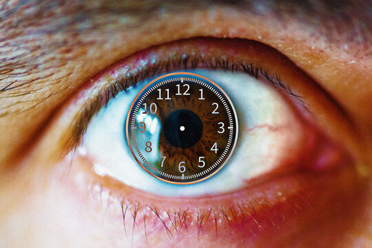 Eye and clock inside. World clock. Retina of the eye Pupil. Clock and Time in the eyes digital photo - Powered by Adobe