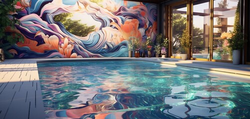 A contemporary backyard setting with a pool surrounded by a digital art display, the art casting 3D intricate, animated patterns on the pool, digital dream