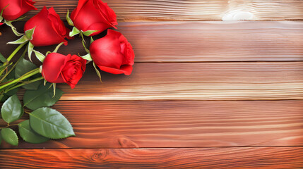 Naklejka na ściany i meble Valentine's Day Red Roses On A Rustic Wood Background
