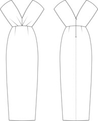 sleevelesss v neck long maxi midi pegged dress gown template technical drawing flat sketch cad mockup fashion woman design model style