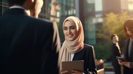 Businesswoman in hijab holding meeting to discuss business project funding, holding tablet for presentation to fellow businesspeople