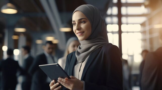 Businesswoman in hijab holding meeting to discuss business project funding, holding tablet for presentation to fellow businesspeople