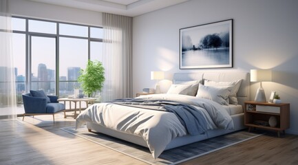 a blue and white bedroom with white bedding and pillows