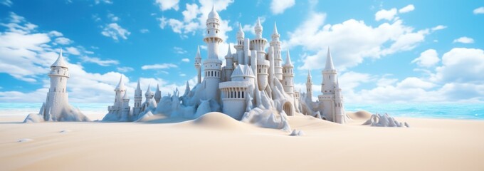 a sand castle on a beach with blue sky