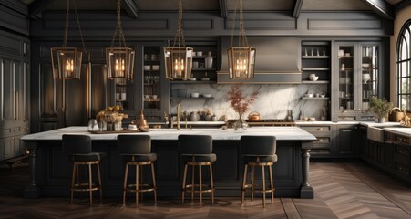 a large kitchen with a marble island and gold pendant lights - obrazy, fototapety, plakaty