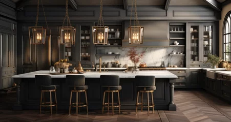 Foto op Plexiglas a large kitchen with a marble island and gold pendant lights © ArtCookStudio