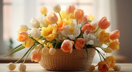 a basket of orange and white tulips on a stand