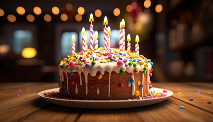 a cake covered in birthday candles sits on a coffee table
