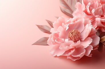 a pink peony flower and leaves surround a pink background