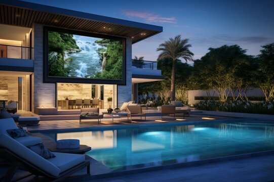A contemporary luxury backyard with a pool and a digital projection screen alongside, displaying vibrant, moving images that cast 3D intricate, cinematic patterns on the water, movie magic
