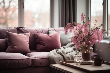 a gray couch with pillows and flowers by a window