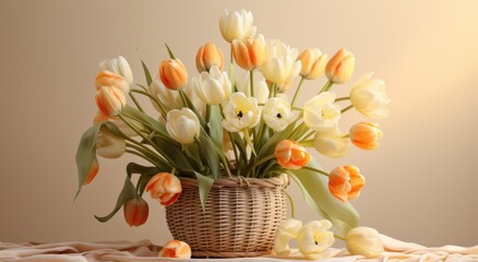 a basket of orange and white tulips on a stand